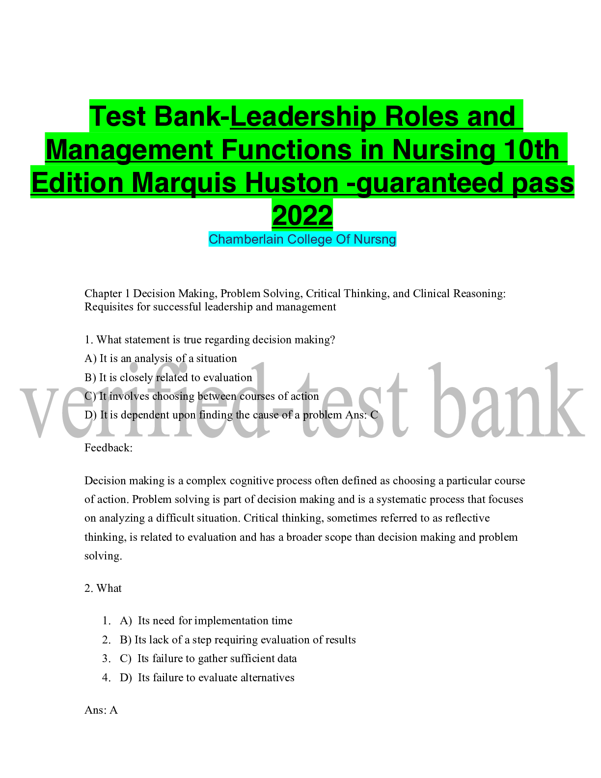 Preview image for Test Bank-Leadership Roles and Management Functions in Nursing 10th Edition Marquis Huston -guaranteed pass 2022
